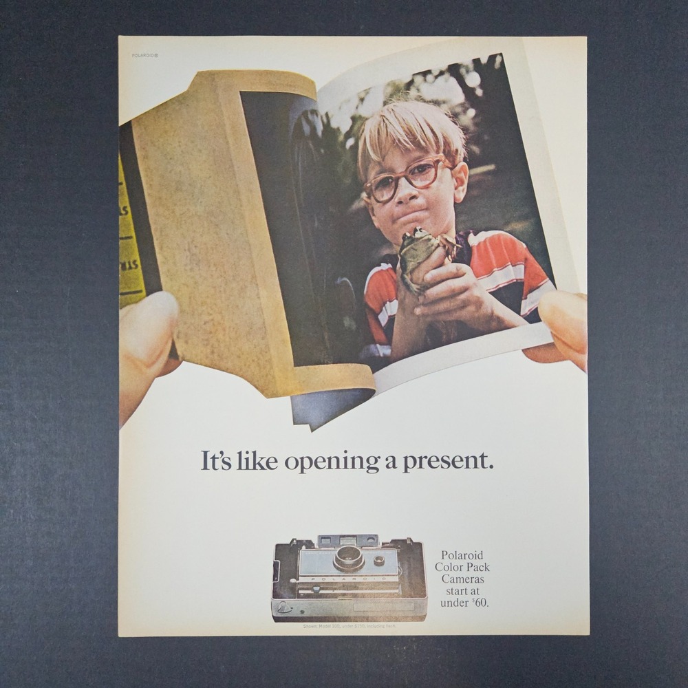 1966 Polaroid Color Pack Cameras Vintage Print Ad Boy With Glasses Holding Frog